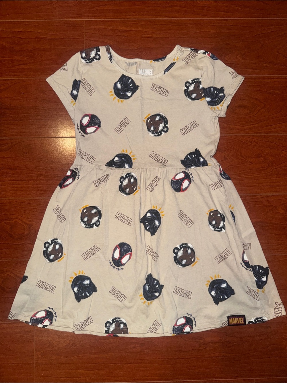 Marvel Girls' Beige Short Sleeve Character Dress with Black & Red Accents
